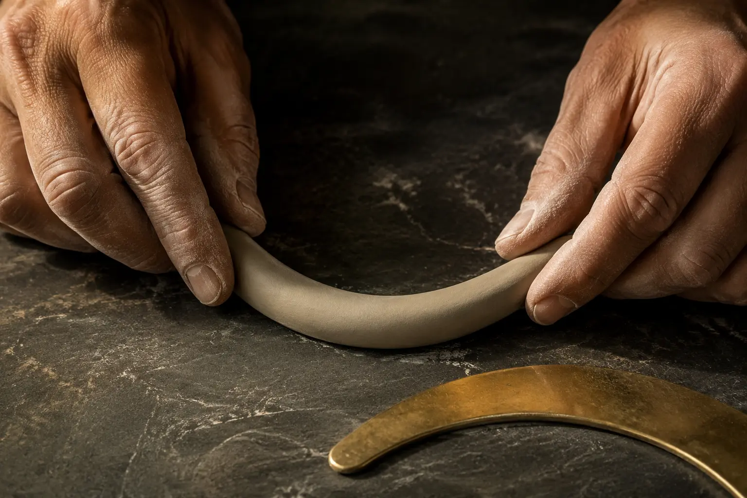 Adult ceramic artisan hands shaping a smooth curved clay form beside a brass arc template